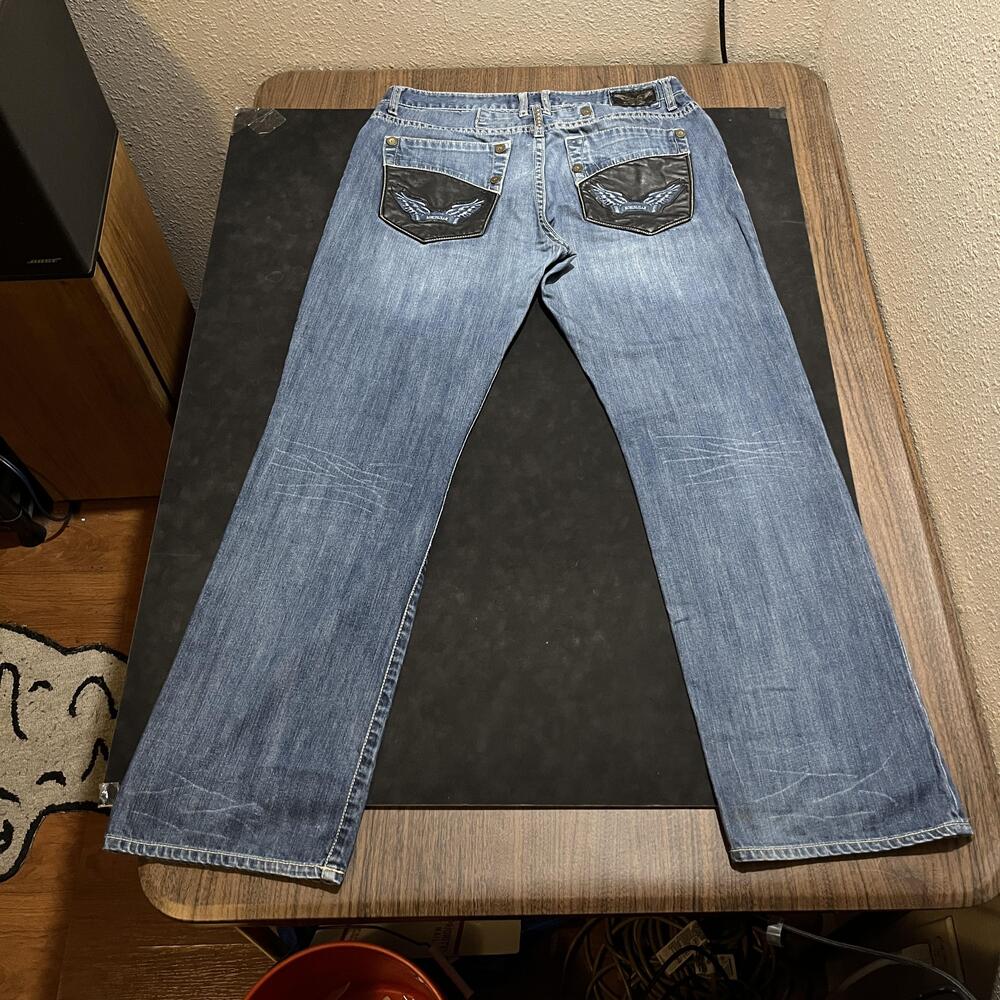 Robin's Jean Jeans Mens 36 Blue Made in USA Winged Leather Back Pockets Designer